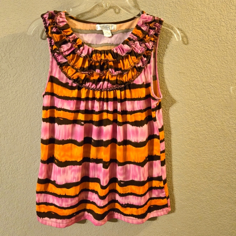 August Silk Options Womens Pink/Orange w/ Brown Stripes Sleeveless Top Medium